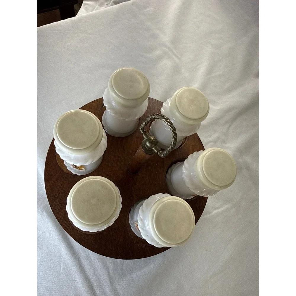 Vintage Milk Glass Spice Jar Set 6 Jars Rotating Wood Carousel Rack White Cream